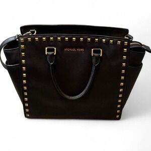 Michael Kors Black Saffiano Leather Gold Studded Tote Bag